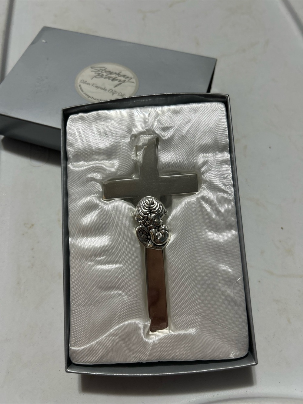 Silver Decorative Cross Wall Accent with Heart Rosary Detail